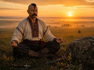 Cossack warrior meditating at dawn on the Ukrainian steppe — mind healing and folk psychology.