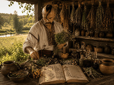 Cossack healer gathering medicinal herbs at sunrise — traditional Ukrainian folk remedies.