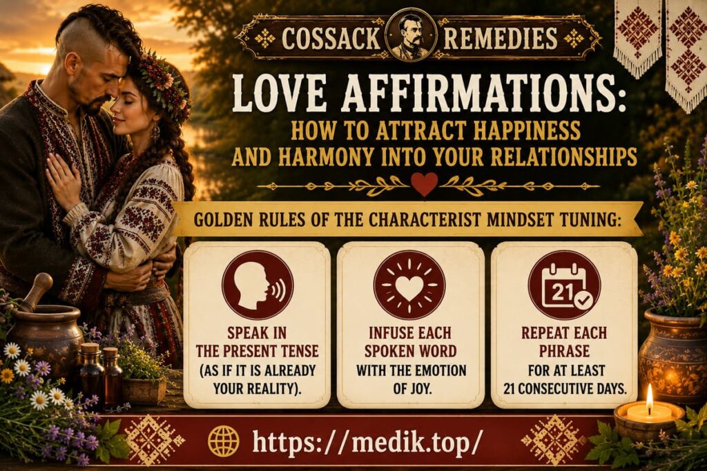 Golden Rules of Love Affirmations Infographic Cossack Remedies infographic explaining the golden rules of love affirmations with a couple in traditional Ukrainian clothing.