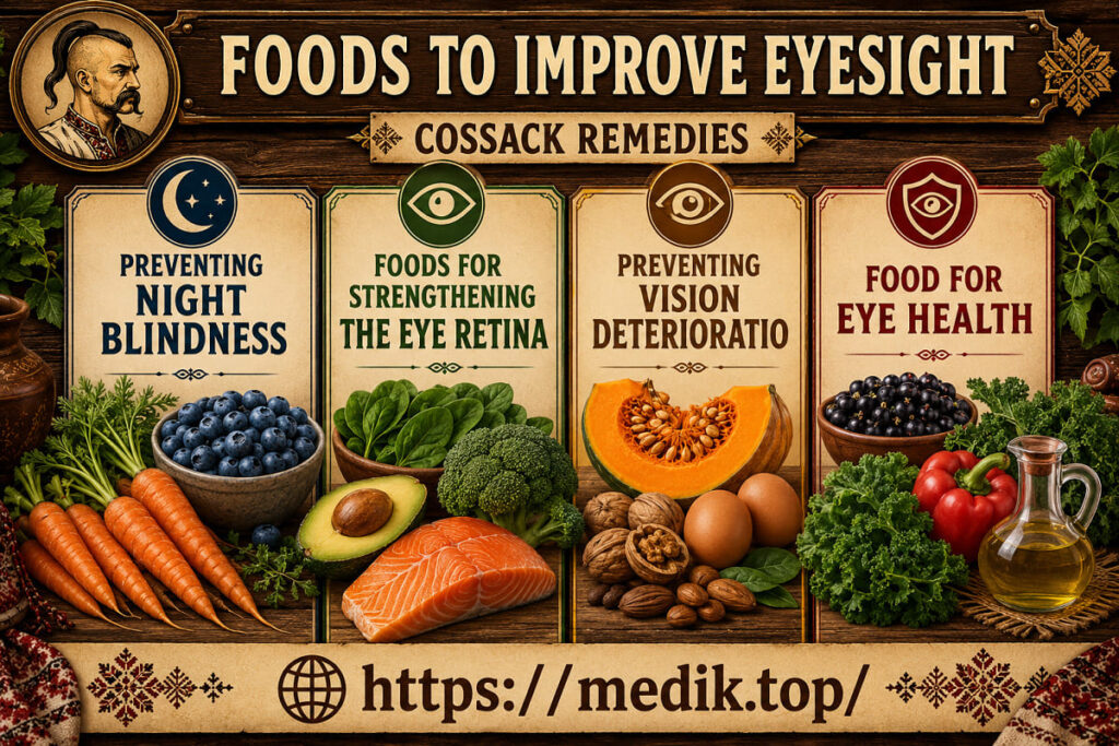 Infographic: Natural Foods and Vitamins to Improve Eyesight Cossack Remedies infographic showcasing foods to improve eyesight, featuring four categories: preventing night blindness, foods for strengthening the eye retina, preventing vision deterioration, and food for eye health with fresh ingredients.