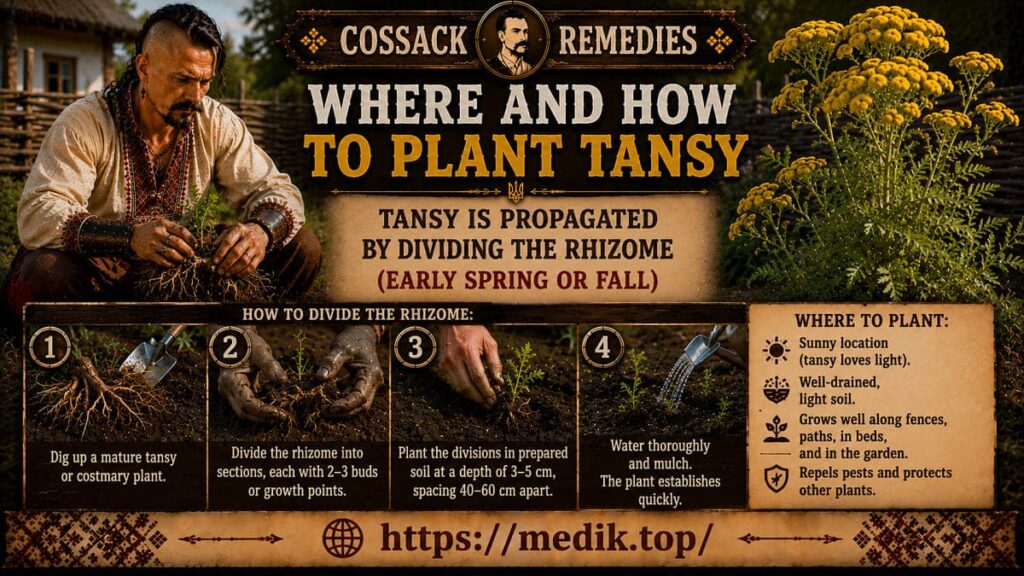 Step-by-step infographic from a Cossack Kharakternyk on how to divide rhizomes and plant tansy and costmary in 4 steps with location tips.