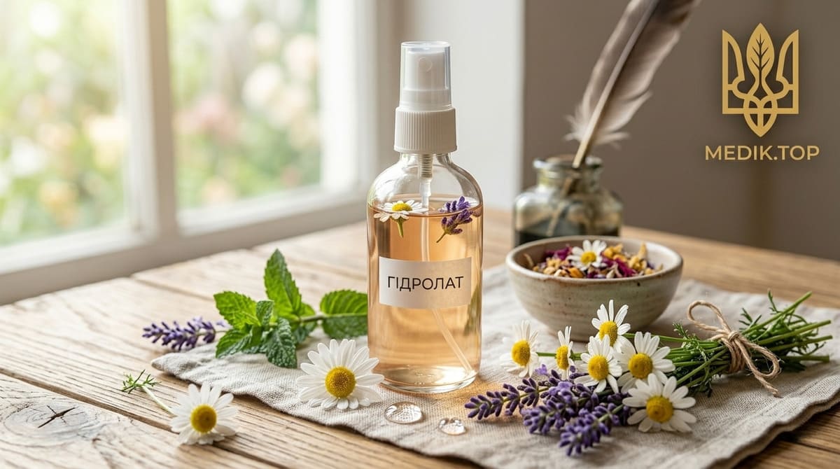 Гідролати для обличчя — Жива роса природи на MEDIK.TOP Флакон із натуральним гідролатом в оточенні ромашок, лаванди та м'яти на дерев'яному столі з логотипом MEDIK.TOP.
