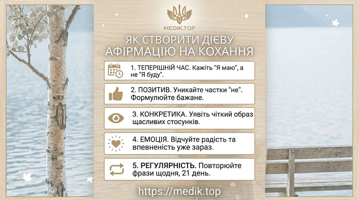 Інфографіка «5 правил створення афірмацій на кохання» у мінімалістичному стилі з логотипом MEDIK.TOP.