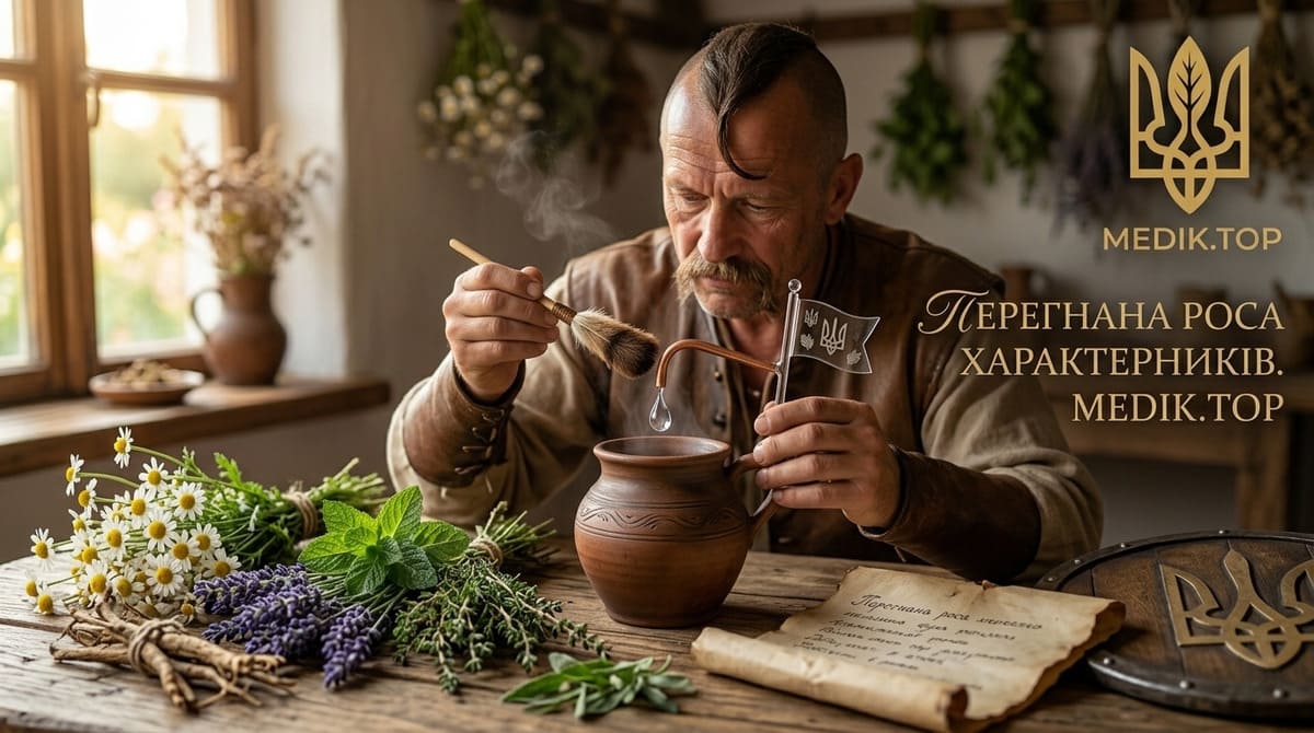 Перегнана роса — таємниці характерників у фітотерапії MEDIK.TOP Козак-характерник збирає краплі трав'яного конденсату біля глиняного посуду на дерев'яному столі з травами та логотипом MEDIK.TOP.