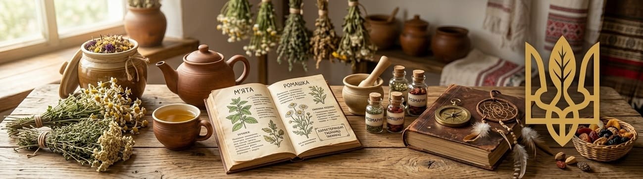 Здоровенькі були! Презентація проєкту MEDIK.TOP Панорамний банер блогу Українська народна медицина: лікарські рослини, старовинні книги та козацький логотип тризуб-листочок.