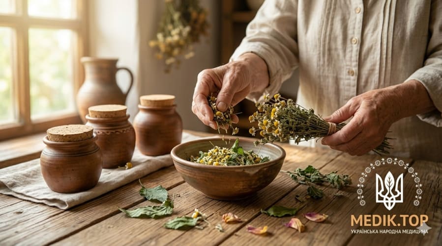 Руки літньої української жінки перебирають сухі трави (м'ята, ромашка) на дерев'яному столі при сонячному світлі. Перевірка якості. У куті — логотип MEDIK.TOP.