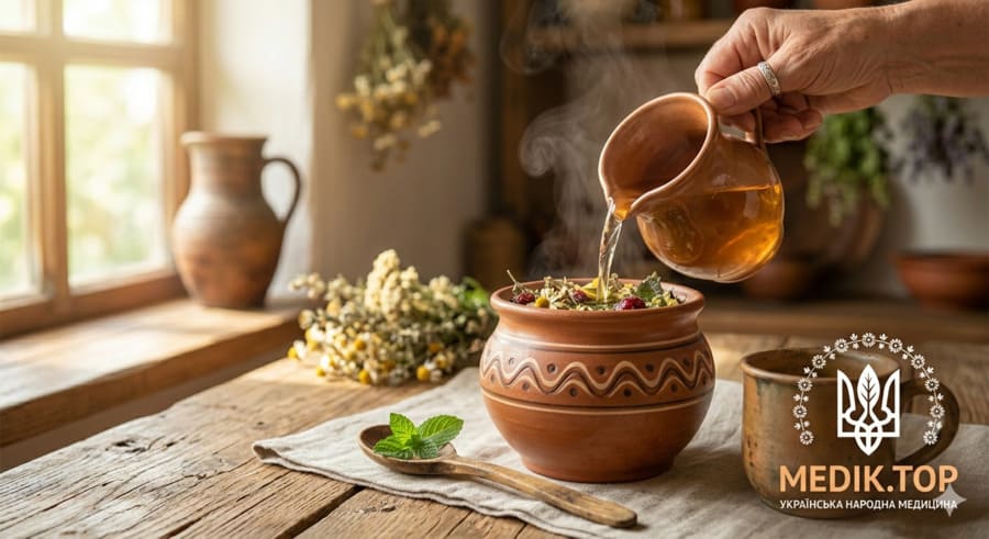 Як правильно готувати трав’яний відвар Процес приготування цілющого відвару на MEDIK.TOP: жіноча рука наливає гарячу воду в керамічний горщик із сухими травами, йде пара. У куті — логотип MEDIK.TOP.