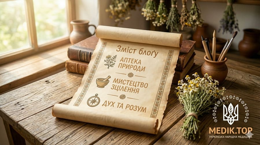 Зміст блоґу Українська народна медицина Старовинний сувій із написом Зміст блогу на дерев’яному столі з травами та логотипом MEDIK.TOP.