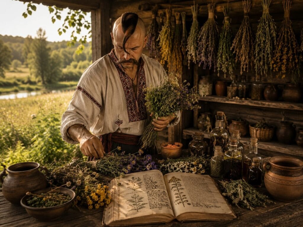 Козацький характерник 5 Козак травник збирає та досліджує лікарські рослини на природі.